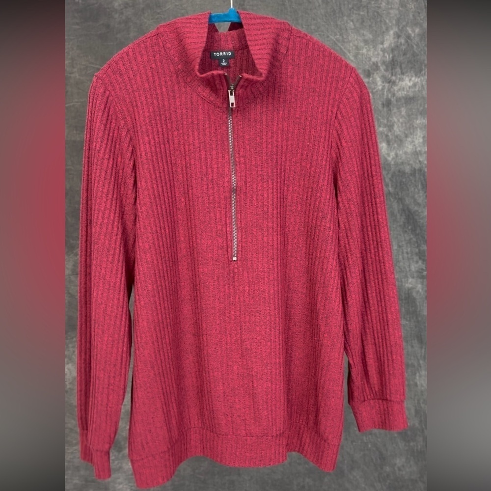 Torrid 2 (2X) Burgundy Ribbed Quarter Zip Tunic Sweater | Transitional Layer - Picture 3 of 5